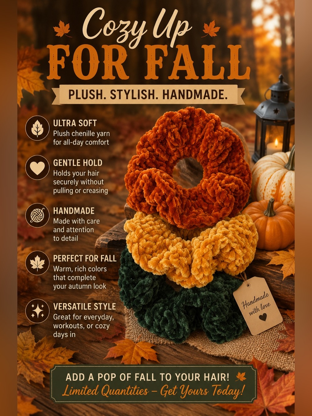 Plush Crochet Fall Scrunchie Set | Velvet Chenille Hair Accessories